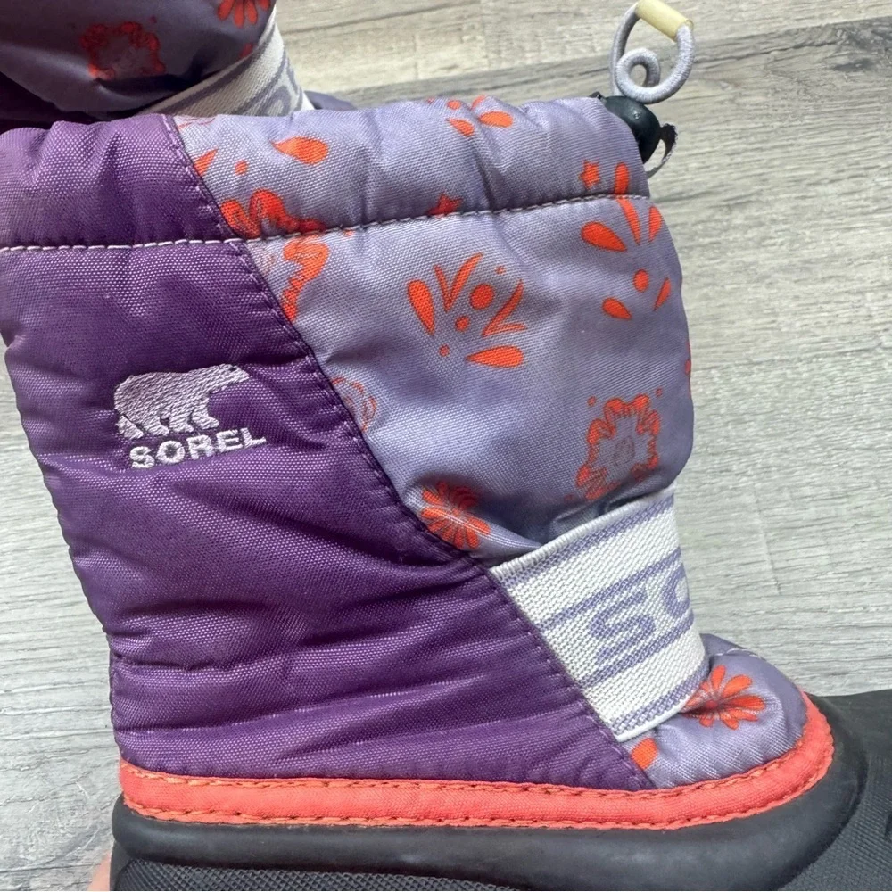 Sorel Cub Winter Boots Youth Size 12 Floral Purple & Black Pull On Waterproof